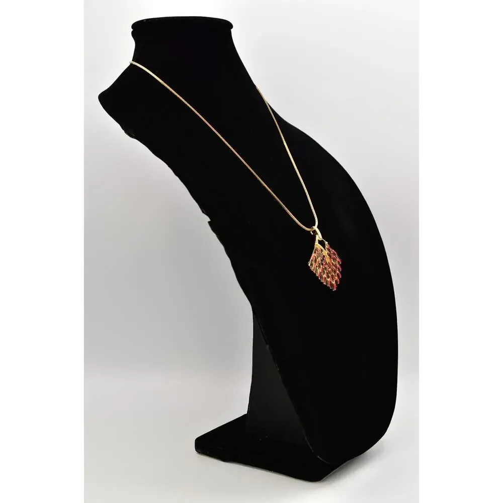 Vintage Pendant Necklace Red Black Enamel Gold Tone Chain Chunky 1980s BinBD